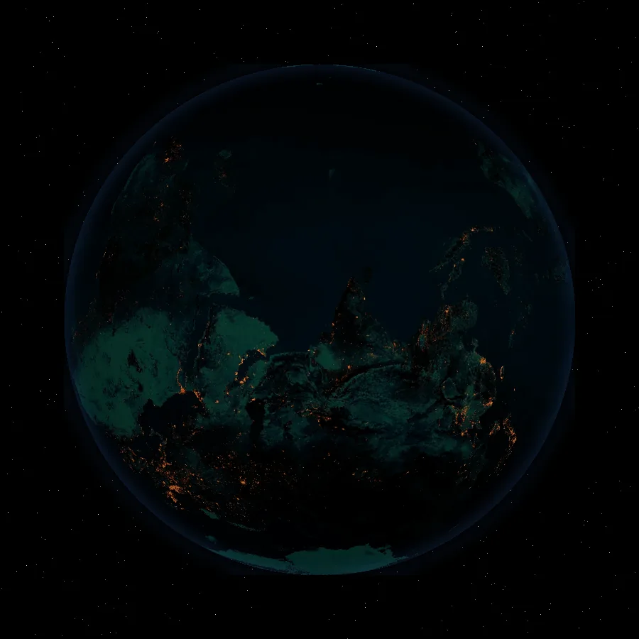 The earth at night, seen from space, with city lights across Asia and Europe.